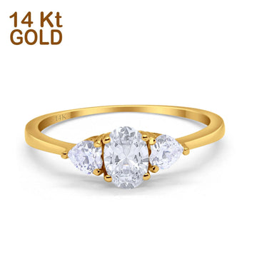 14K Yellow Gold Three Stone Fashion Promise Ring Oval Simulated Cubic Zirconia Size-7
